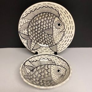 Mexican Clay Plate 9.5” and Bowl 7” Set Fish Decor